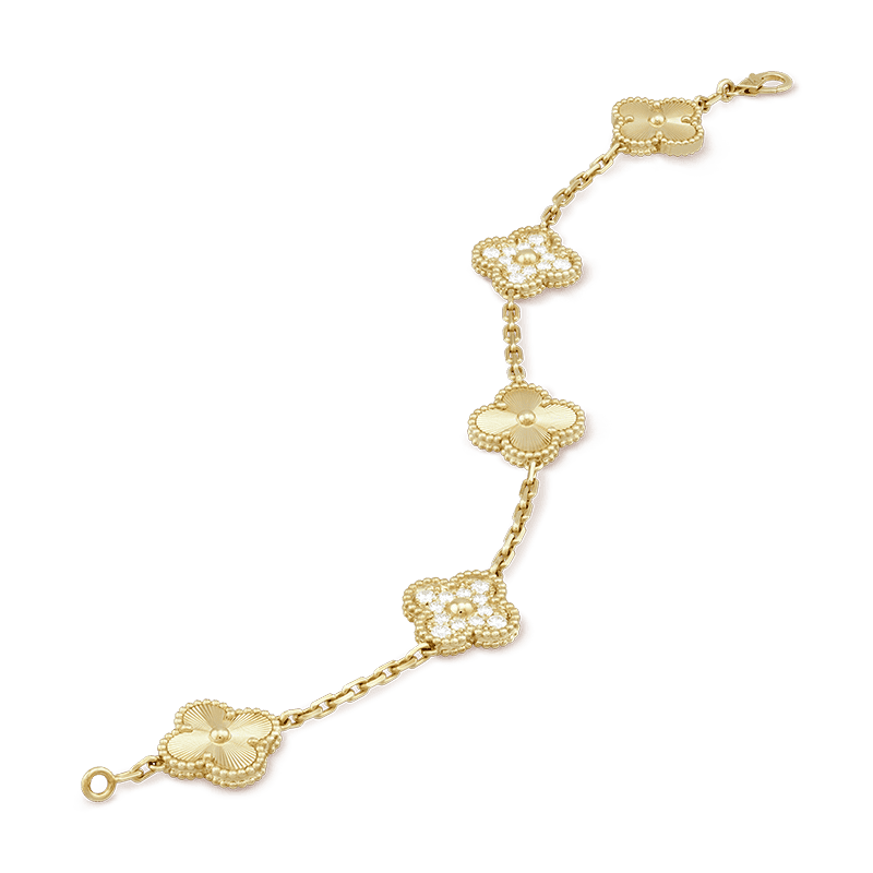 18K Van Cleef & Arpels Vintage Alhambra Five Motifs Diamonds Clover Bracelet