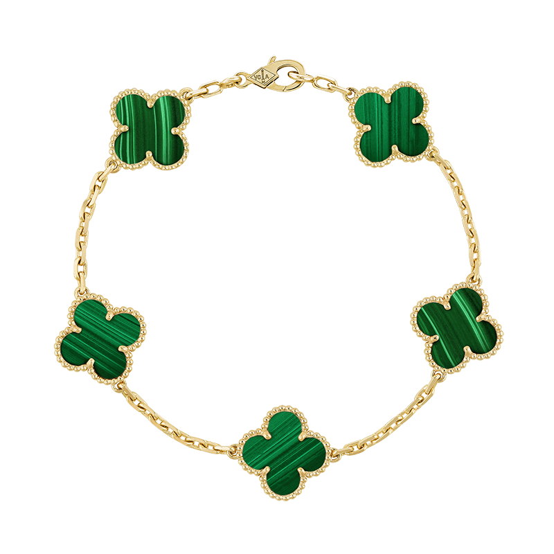 18K Van Cleef & Arpels Vintage Alhambra Five Motifs Malachite Clover Bracelet