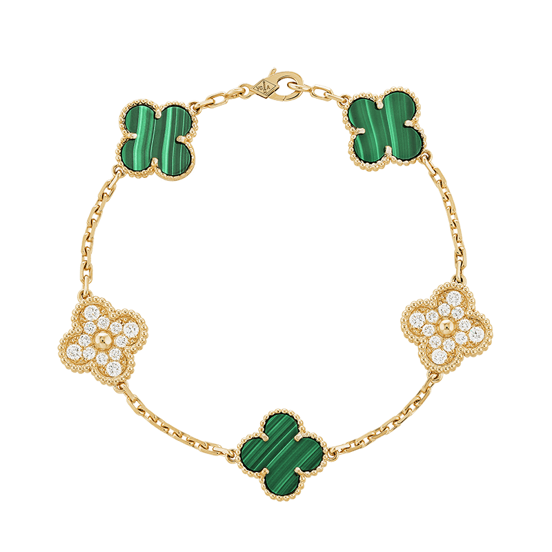 18K Van Cleef & Arpels Vintage Alhambra Five Motifs Malachite Diamonds Clover Bracelet