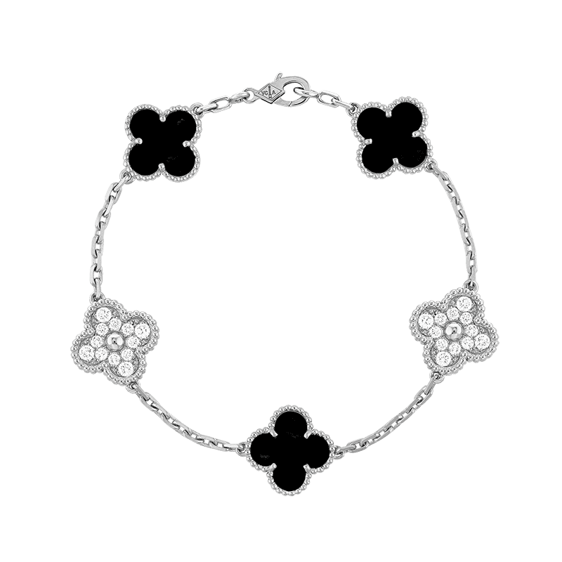 18K Van Cleef & Arpels Vintage Alhambra Five Motifs Black Diamonds Clover Bracelet