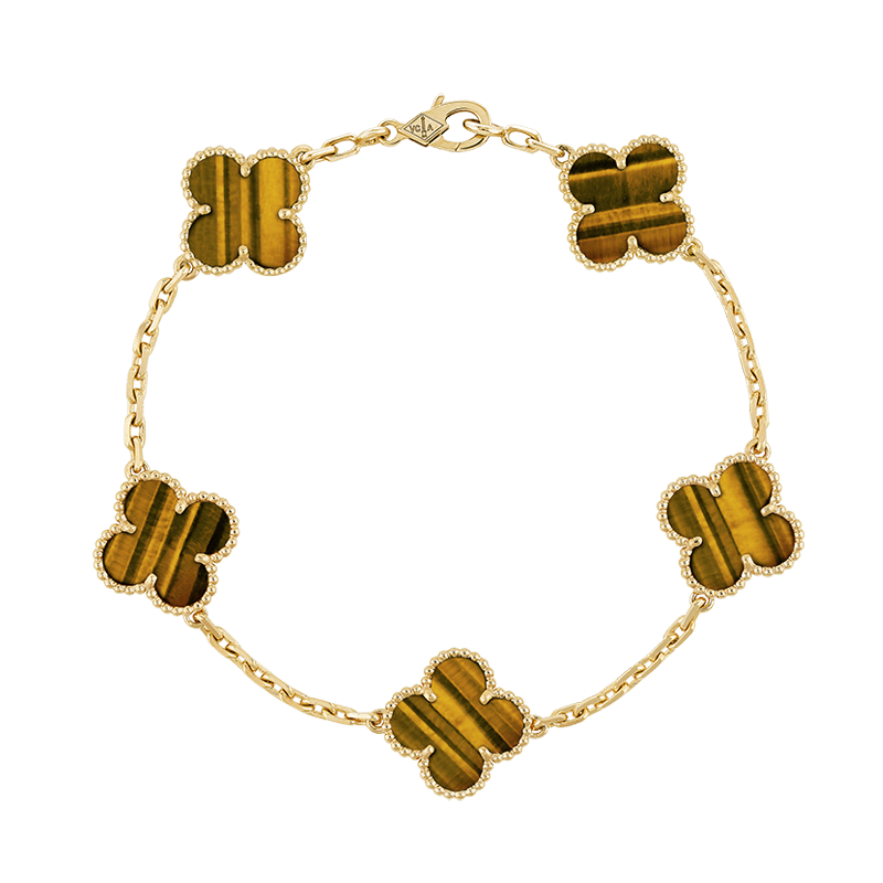 18K Van Cleef & Arpels Vintage Alhambra Five Motifs Tiger Eye Clover Bracelet