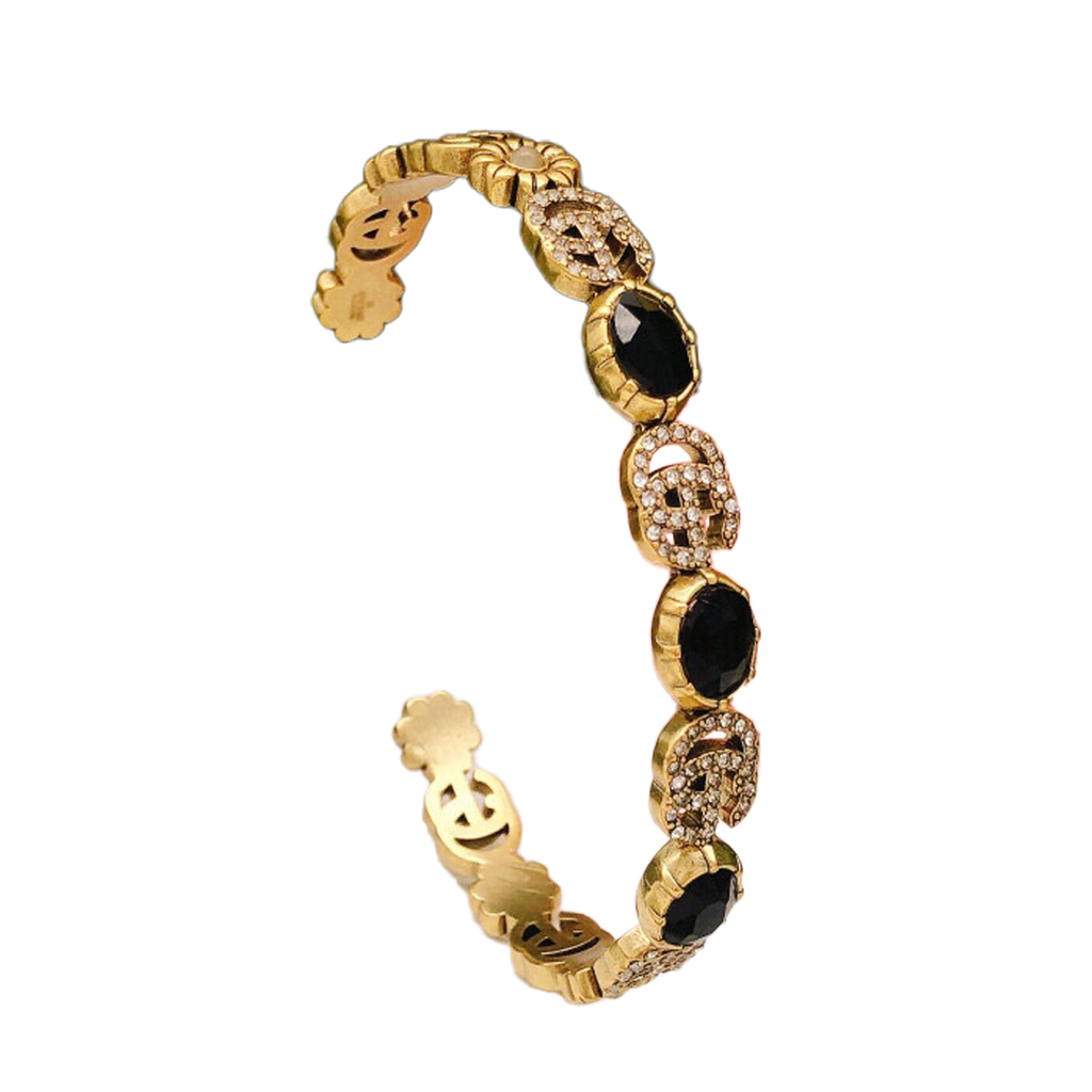 18K Gucci Flowers Black Crystals Open Cuff Bracelet