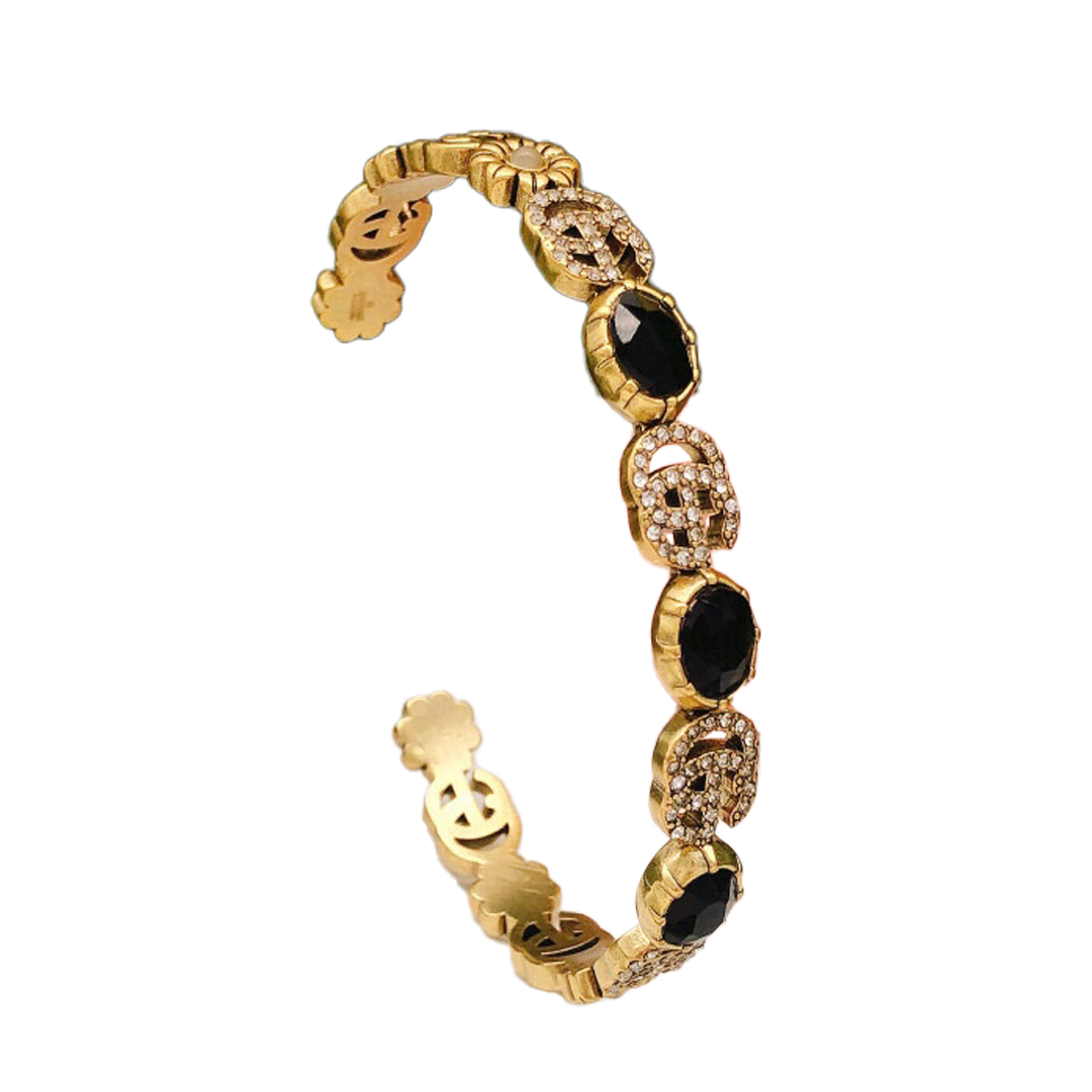 18K Gucci Flowers Black Crystals Open Cuff Bracelet