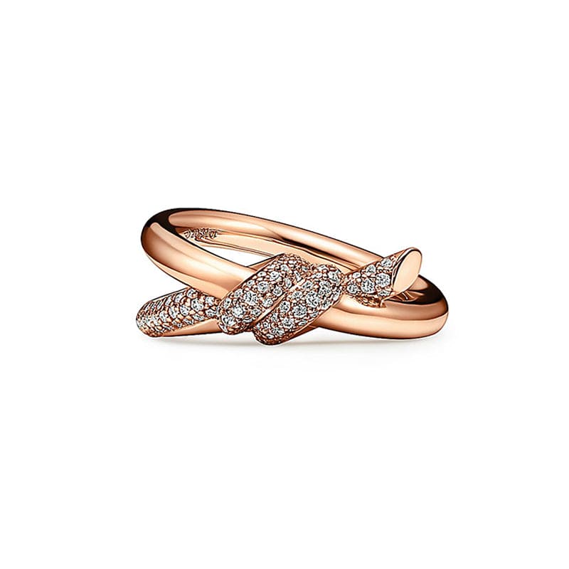 18K Tiffany Rose Gold T Knot Double Row Diamonds Ring