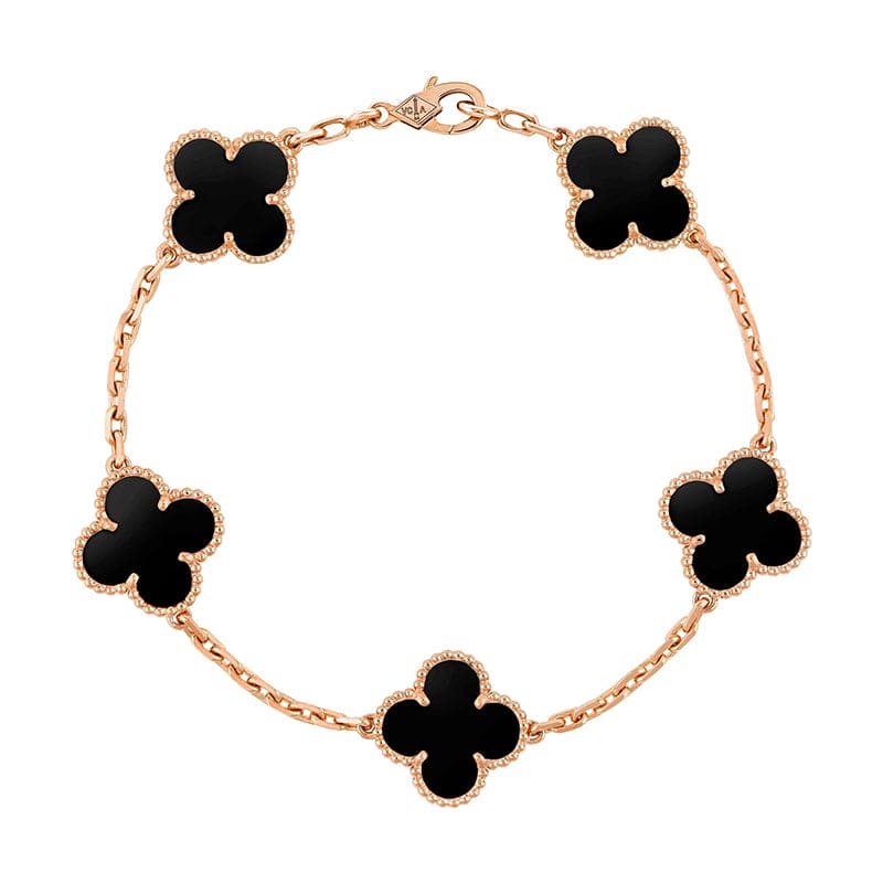 18K Van Cleef & Arpels Vintage Alhambra Five Motifs Clover Onyx Bracelet