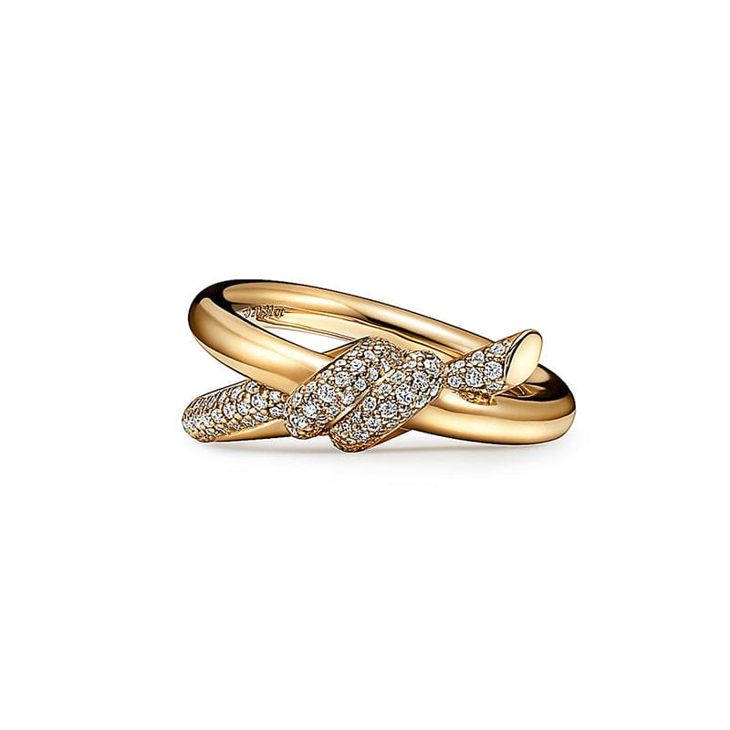 18K Tiffany Yellow Gold Knot Double Row Diamonds Ring