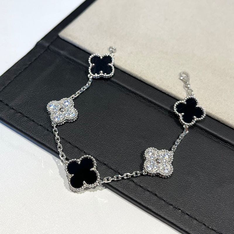 18K Van Cleef & Arpels Vintage Alhambra Five Motifs Black Diamonds Clover Bracelet