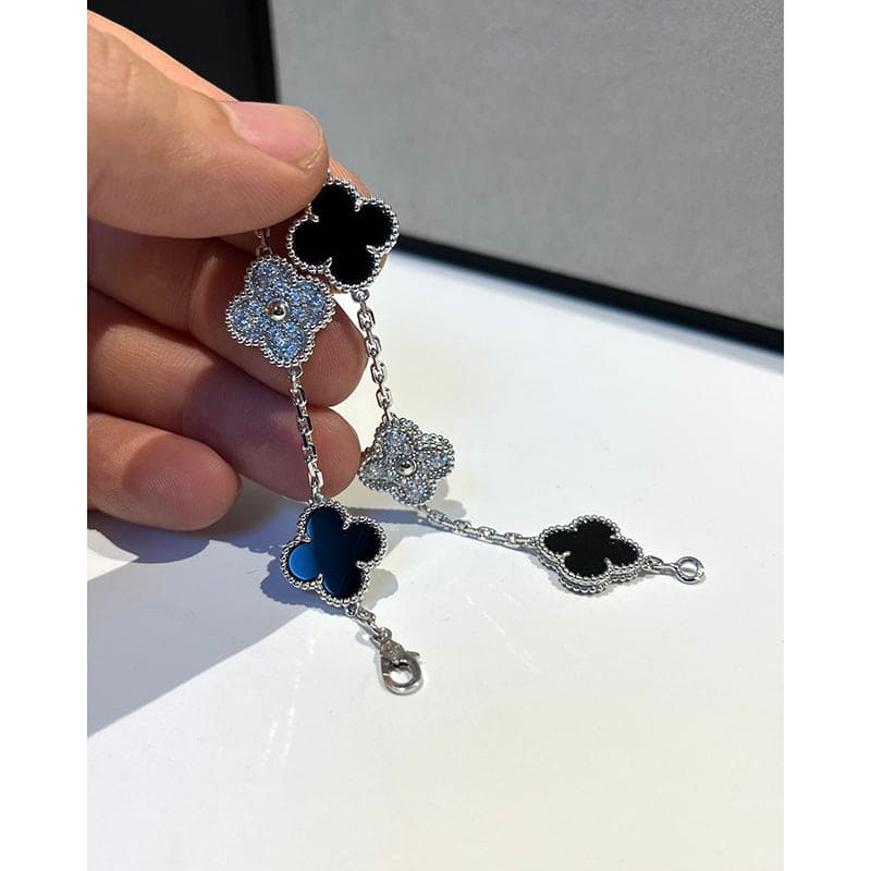 18K Van Cleef & Arpels Vintage Alhambra Five Motifs Black Diamonds Clover Bracelet