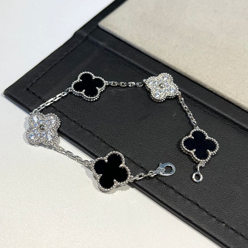 18K Van Cleef & Arpels Vintage Alhambra Five Motifs Black Diamonds Clover Bracelet
