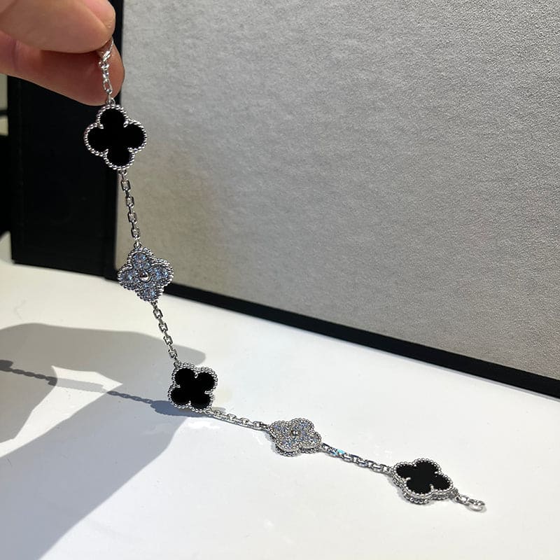 18K Van Cleef & Arpels Vintage Alhambra Five Motifs Black Diamonds Clover Bracelet
