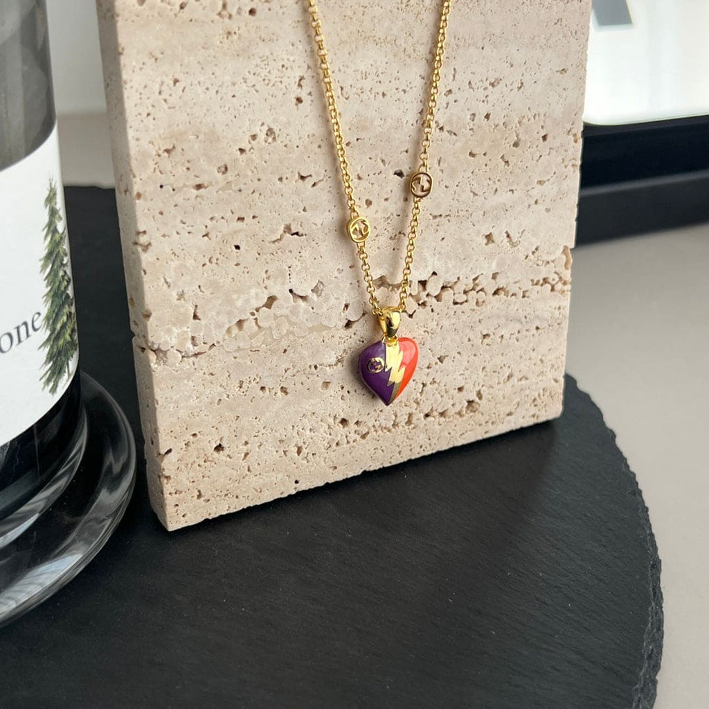 18K Gucci Interlocking G Heart Lightning Charm Necklace