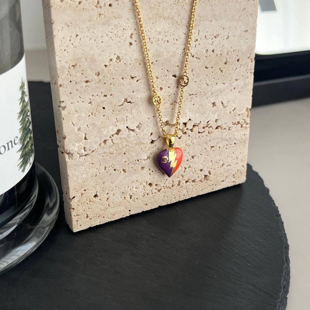 18K Gucci Interlocking G Heart Lightning Charm Necklace