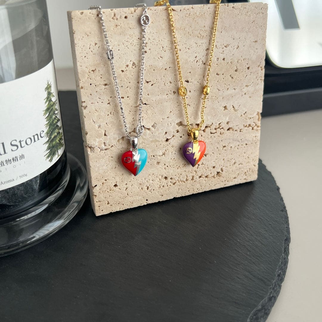 18K Gucci Interlocking G Heart Lightning Charm Necklace
