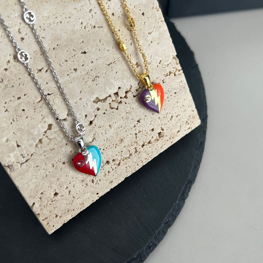 18K Gucci Interlocking G Heart Lightning Charm Necklace