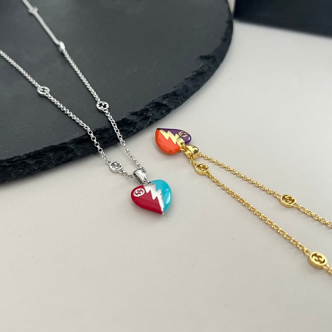 Gucci Interlocking G Heart Lightning Charm Necklace