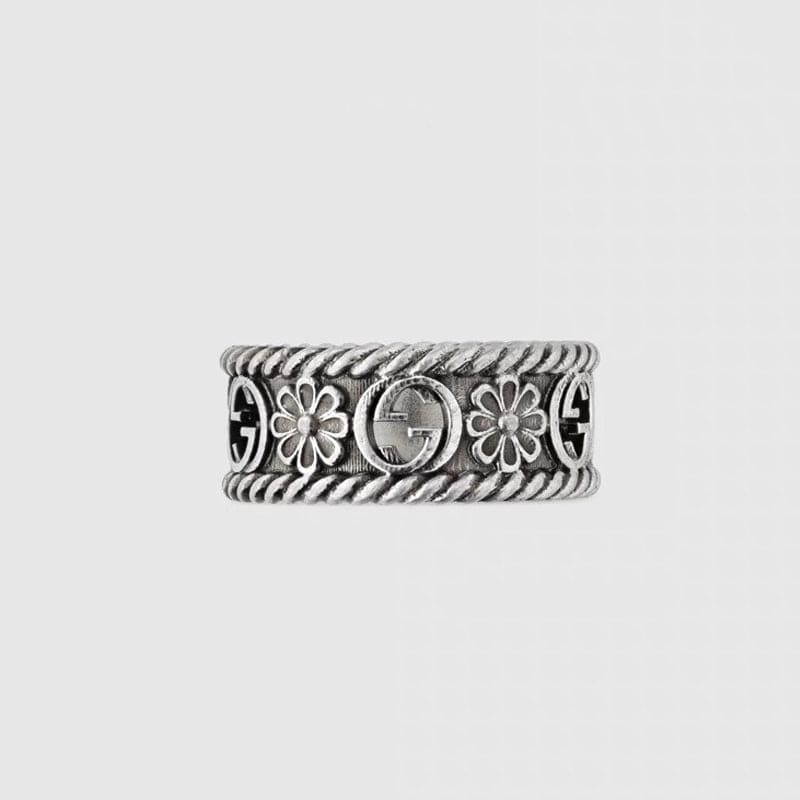 Gucci Aged Sterling Silver Interlocking G Flower Ring