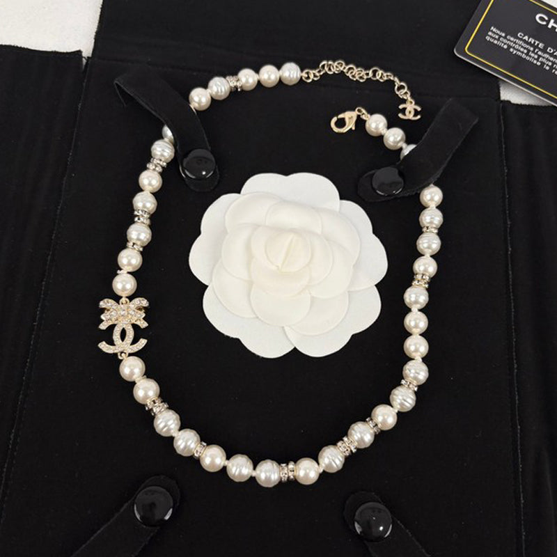 18K Chanel Bow Diamond Pearl Necklace