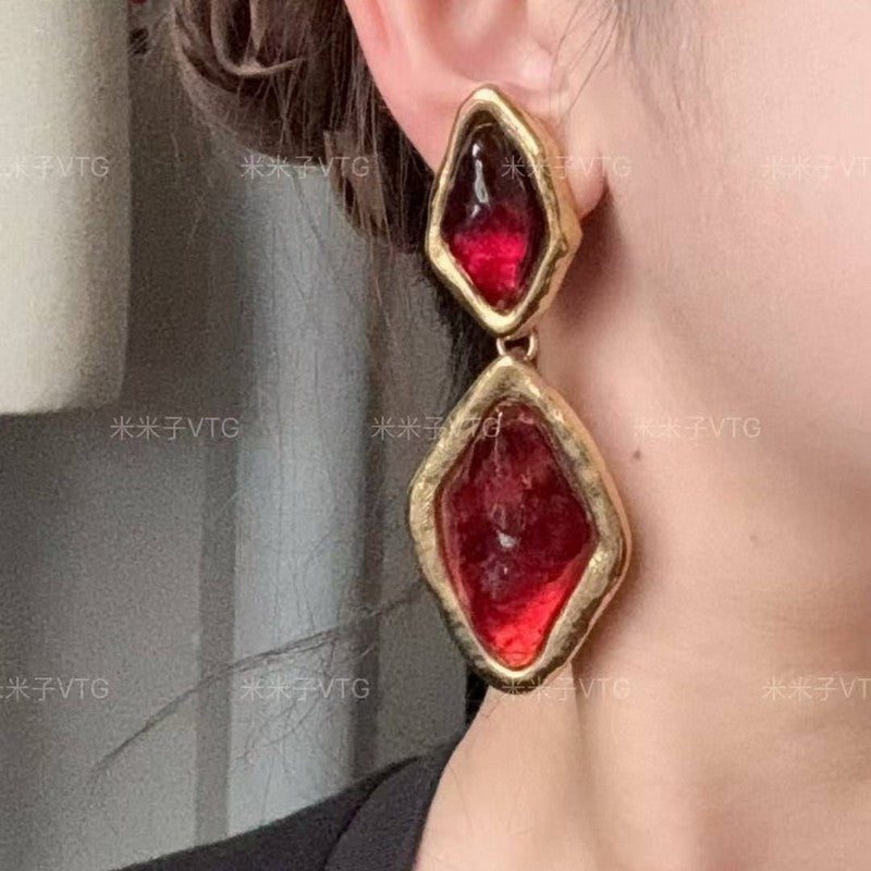 18K YSL Red & Blue Crystal Gold Earrings
