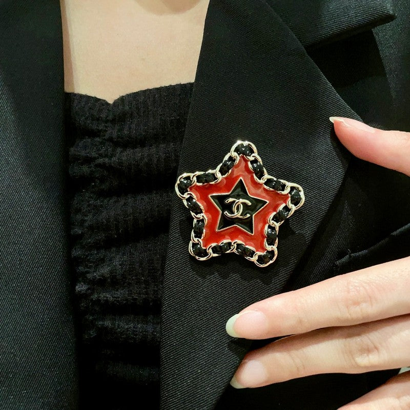 18K Chanel Black & Red Star Leather Brooch