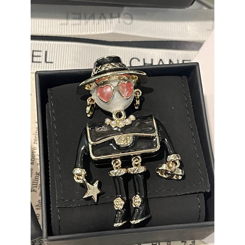 18K Chanel 24B Pink & Black Robot Gold Brooch