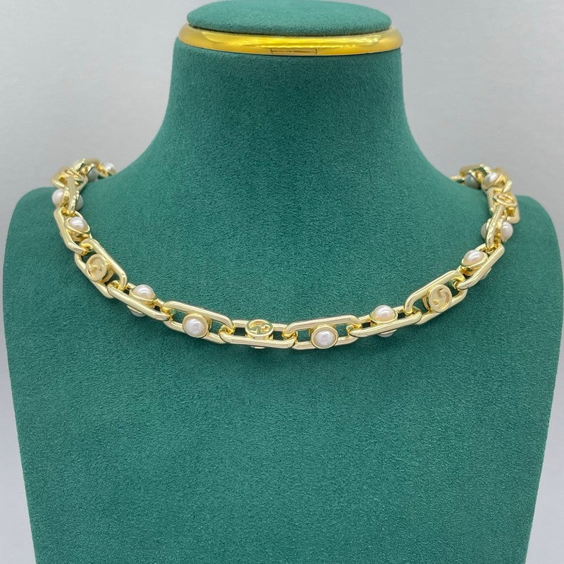 18K Gucci Gold Pearl Chain Necklace