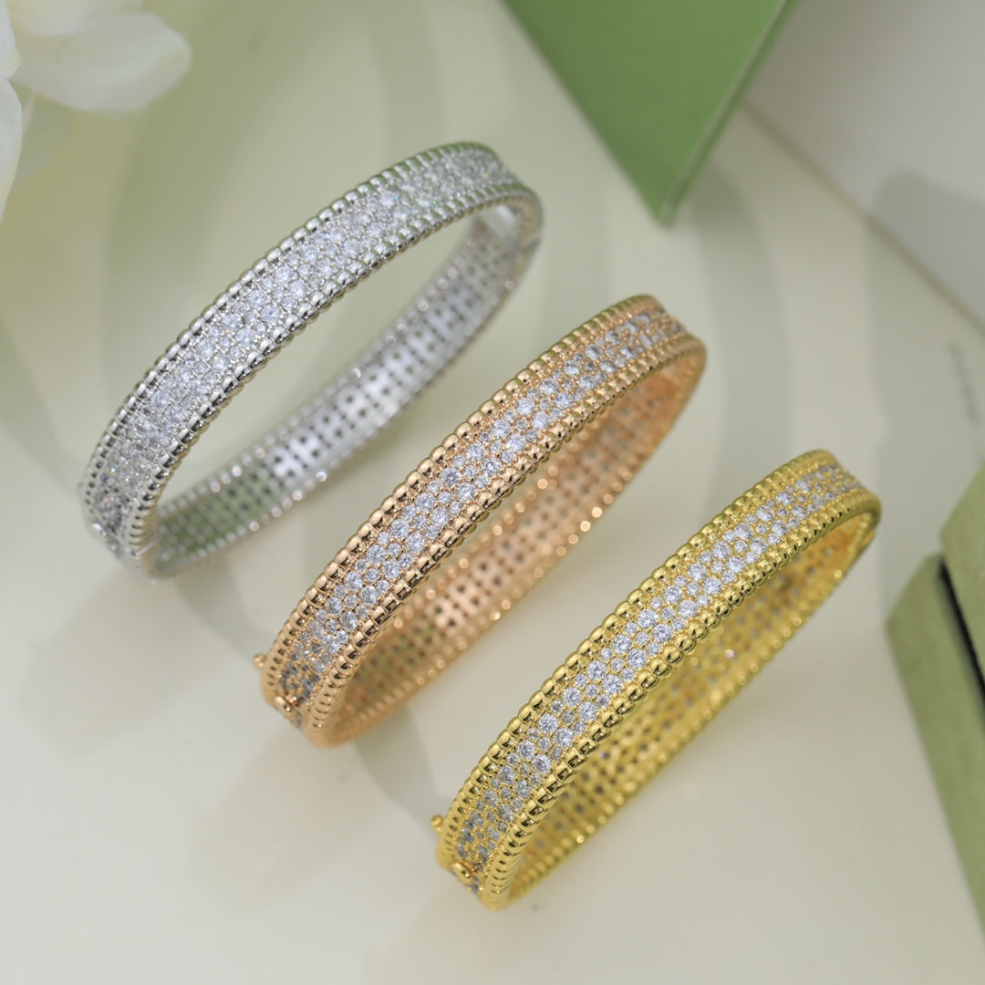 18K Van Cleef & Arpels Yellow Gold Perlee Diamonds Three Rows Bracelet