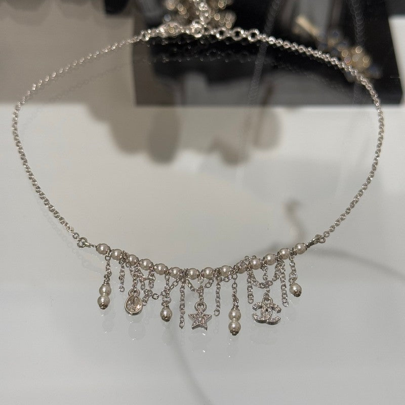 18K Chanel 26C Pearl Diamond Tassel Choker Necklace