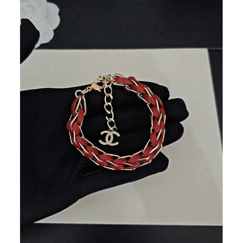 18K Chanel Red Leather Gold Chain Bracelet