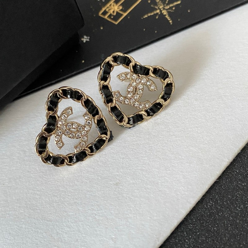 18K Chanel Black Leather Heart Gold Earrings