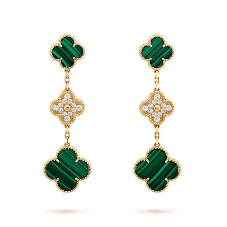 18K Van Cleef & Arpels Magic Alhambra Three Malachite Motifs Clover Earrings