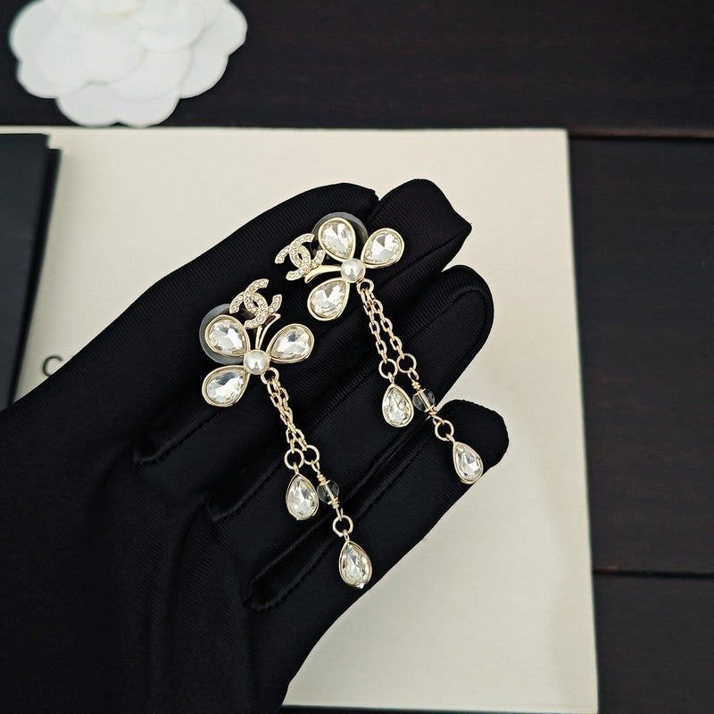 18K Chanel Crystal Gold Pendant Earrings