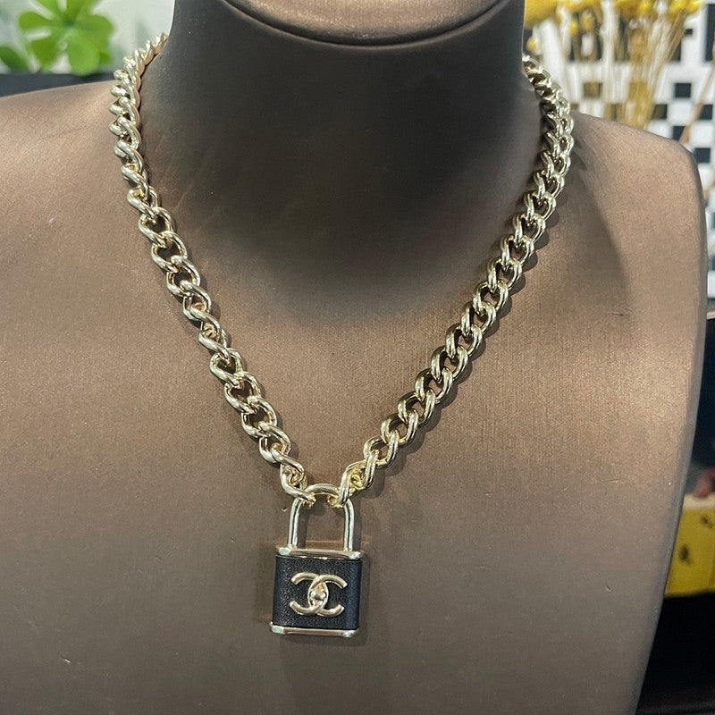 18K Chanel Black Leather Gold Lock Necklace