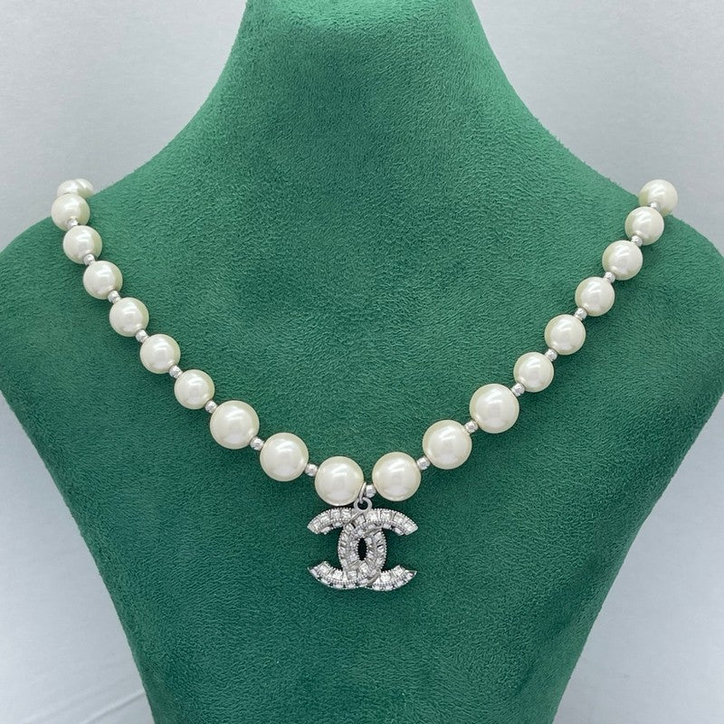 18K Chanel Pearl Diamond Logo Necklace