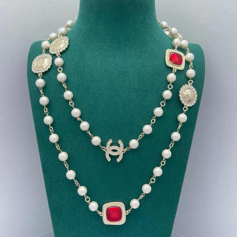18K Chanel Red Crystal Pearl Long Necklace