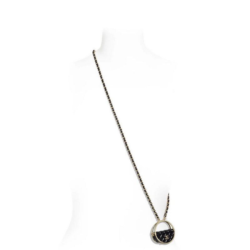 18K Chanel Black Bag Long Leather Necklace