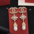 18K Chanel Diamond Cross Pearl Drop Earrings