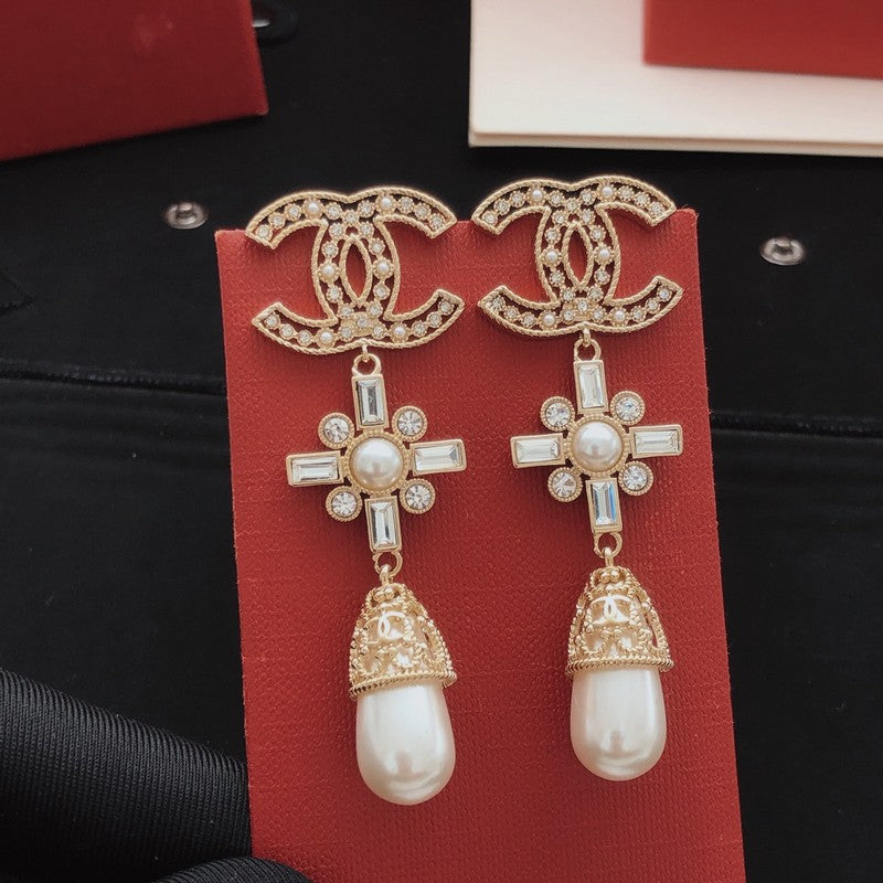 18K Chanel Diamond Cross Pearl Drop Earrings