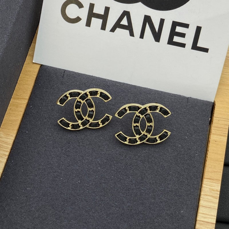 18K Chanel Black Leather Gold Earrings