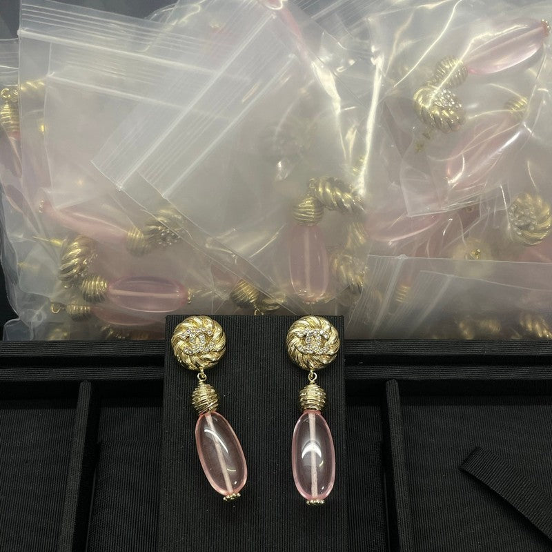 18K Chanel 26C Pink Crystal Gold Diamond Earrings