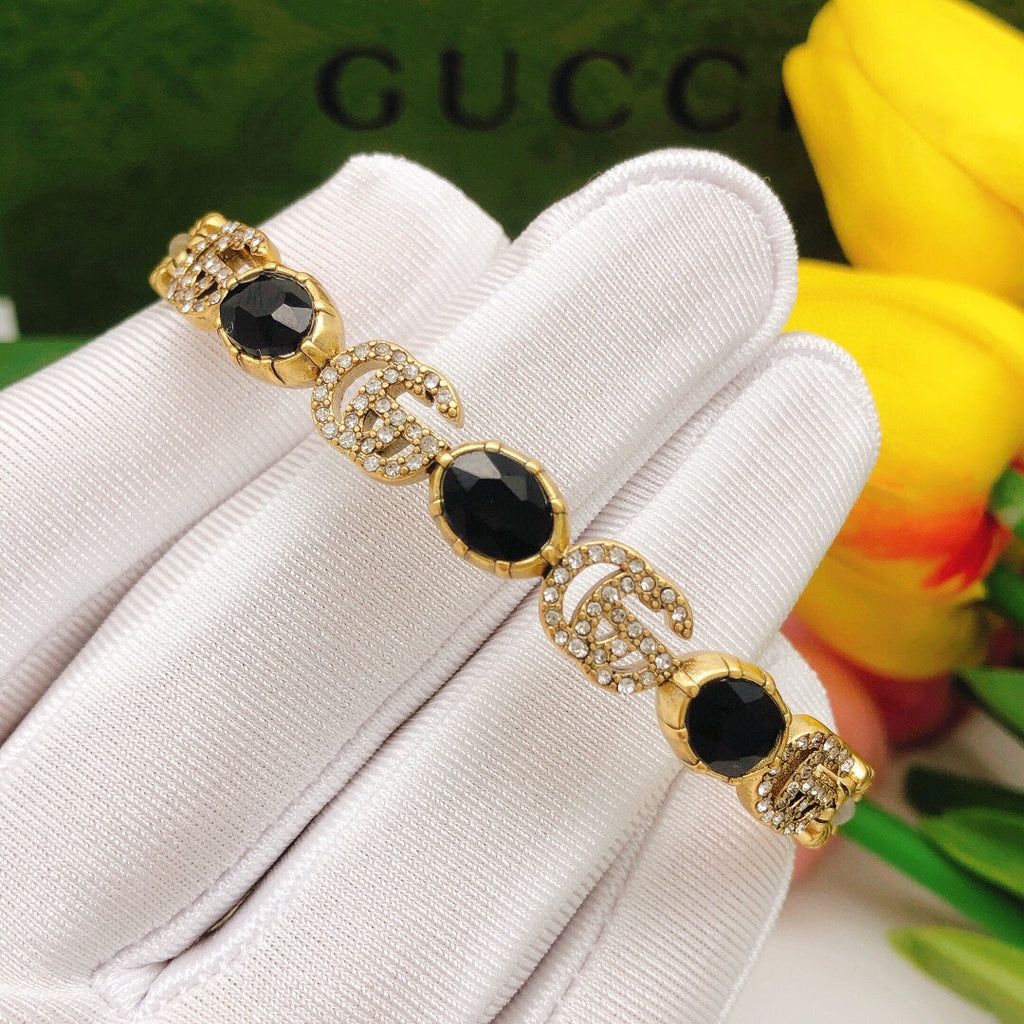 18K Gucci Flowers Black Crystals Open Cuff Bracelet