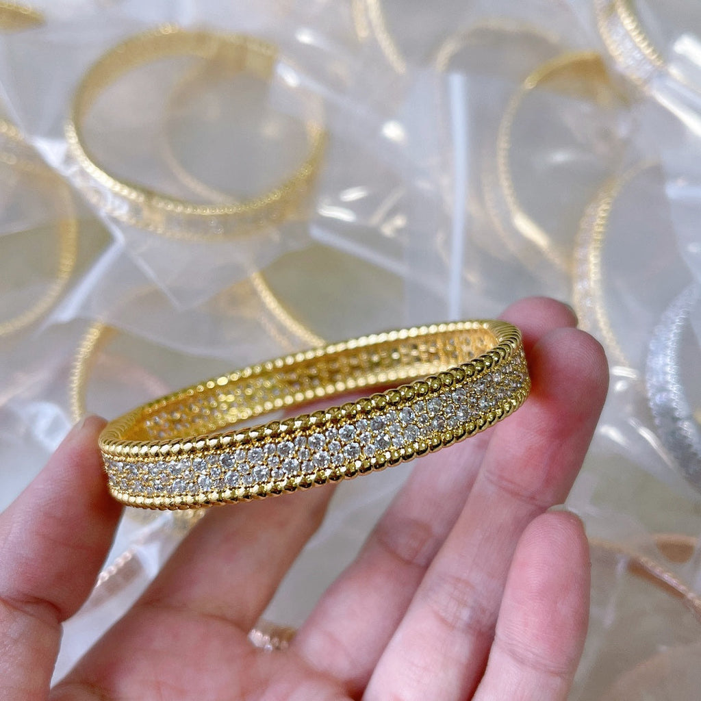 18K Van Cleef & Arpels Yellow Gold Perlee Diamonds Three Rows Bracelet