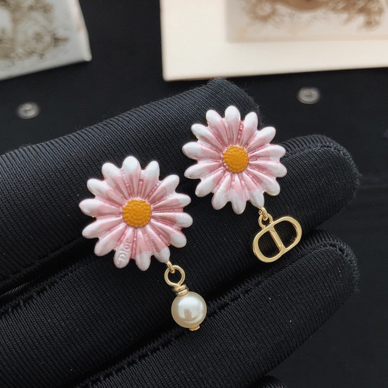 18K Dior Pink Sun Flower Pearl Earrings