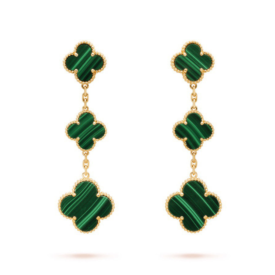 18K Van Cleef & Arpels Magic Alhambra Three Malachite Motifs Clover Earrings
