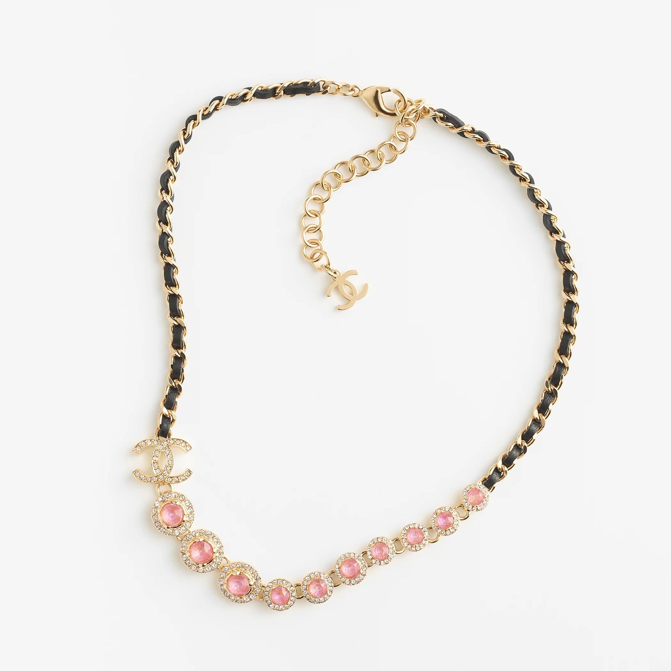 18K Chanel Pink Crystals Leather Necklace