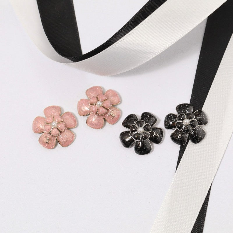 18K Chanel Black & Pink Flower Earrings