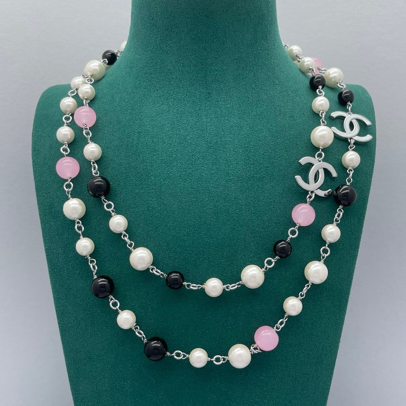 18K Chanel Black & Pink Bead Long Necklace