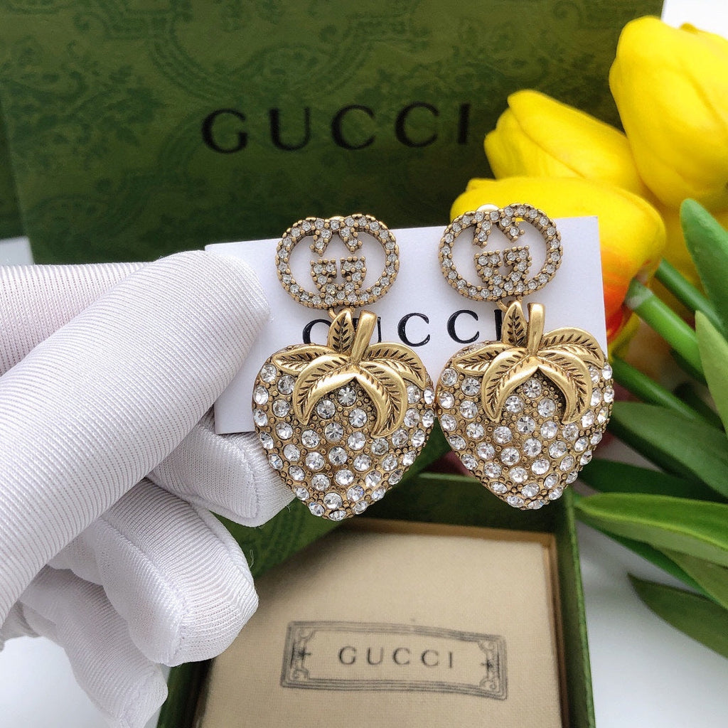 18K Gucci Crystal Strawberry Pendant Earrings