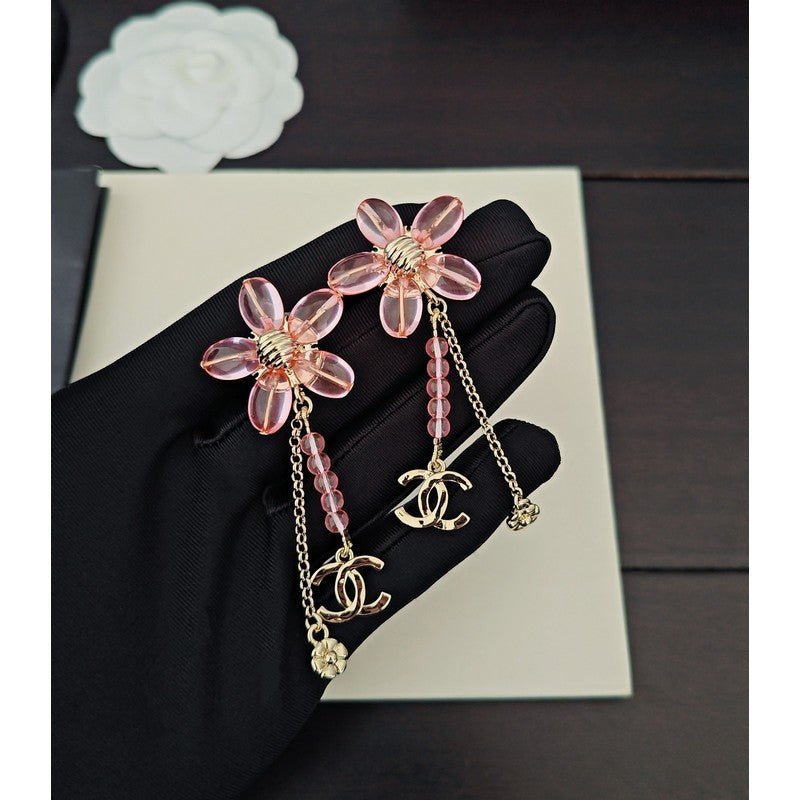 18K Chanel Pink Crystal Flower Gold Earrings