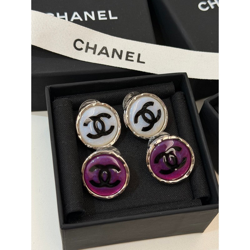 18K Chanel White & Purple Round Earrings