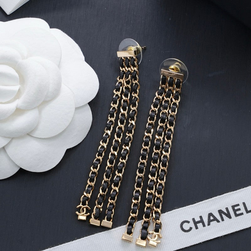 18K Chanel Black Leather Chain Gold Earrings